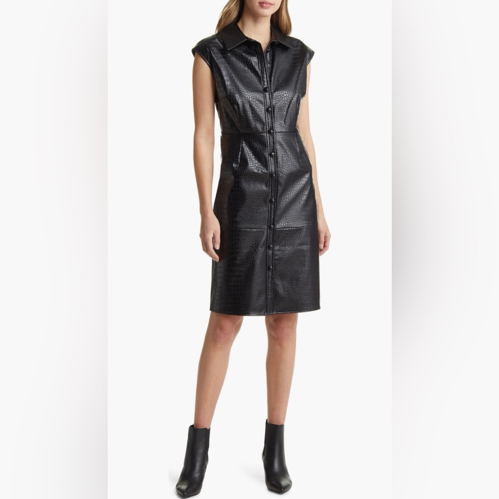 Halogen Black Croc-Embossed Faux Leather Sleeveless Button-Down Dress | Medium
